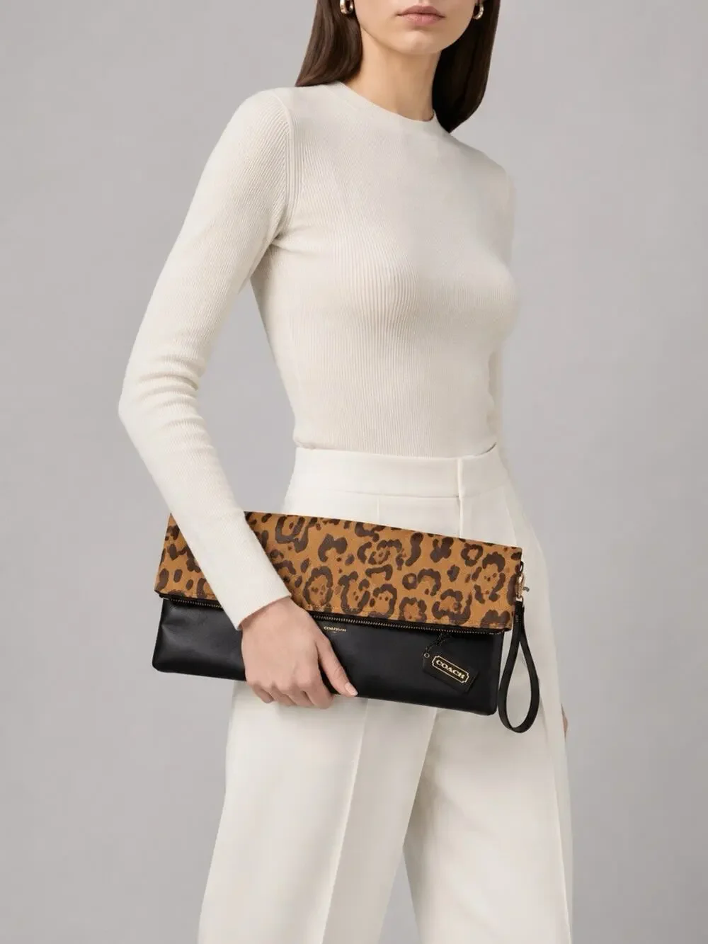 NEW Coach Leopard Pony Hair Foldover Clutch Wristlet Leather Sample Sale
